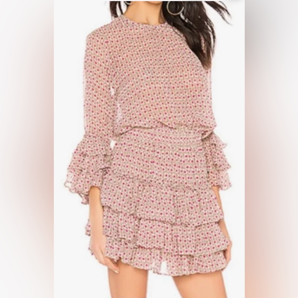 Misa Los Angeles Bernita Mini Dress Ruffled Floral in Lavender & Beige size XS